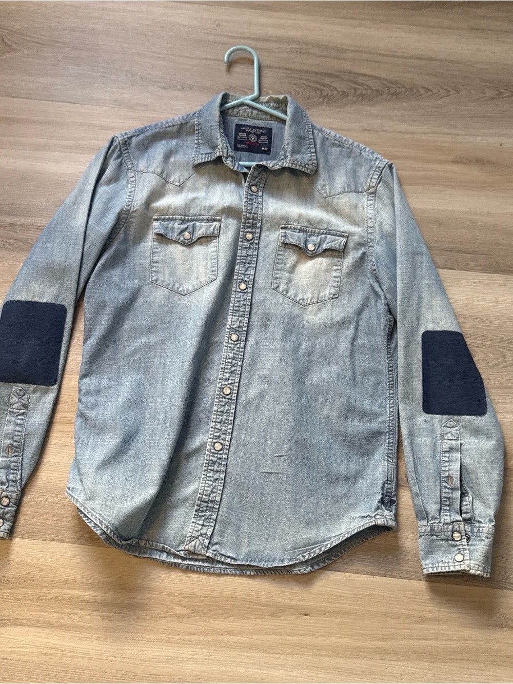 American Eagle Outfitters Light Wash Denim Button-Down with Navy Elbow Patches